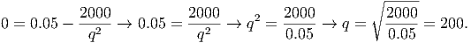                                                      ∘ -----
0 =  0.05 -  2000-→  0.05 = 2000-→  q2 =  2000-→  q =   2000-=  200.
             q2             q2           0.05          0.05
