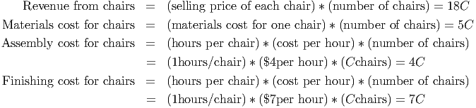     Revenue from  chairs =   (selling price of each chair) * (number  of chairs) = 18C

Materials cost for chairs =  (materials cost for one chair) * (number  of chairs) = 5C
Assembly  cost for chairs =  (hours per chair) * (cost per hour ) * (number of chairs)
                         =   (1hours/chair) * ($4per hour ) * (Cchairs) = 4C

Finishing cost for chairs =  (hours per chair) * (cost per hour ) * (number of chairs)
                         =   (1hours/chair) * ($7per hour ) * (Cchairs) = 7C

