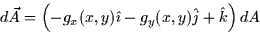 \begin{displaymath}
d\vec{A} =\left( -g_{x}(x,y)\hat{\imath}-g_{y}(x,y)\hat{j}+\hat{k}\right)
dA

\end{displaymath}