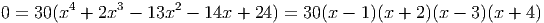 0 = 30(x4 + 2x3 - 13x2 - 14x + 24 ) = 30(x - 1)(x + 2)(x - 3)(x + 4 )
