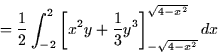 \begin{displaymath}
= \frac{1}{2} \int_{-2}^2 \left[x^2y +
\frac{1}{3}y^3\right]_{-\sqrt{4-x^2}}^{\sqrt{4-x^2}} dx \end{displaymath}