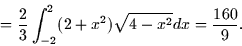 \begin{displaymath}
= \frac{2}{3} \int_{-2}^2 (2 + x^2)\sqrt{4 - x^2} dx = \frac{160}{9}.\end{displaymath}