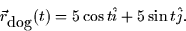 \begin{displaymath}
\vec{r}_{\mbox{dog}}(t) = 5 \cos t \hat{i} + 5 \sin t \hat{j}.\end{displaymath}