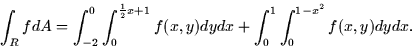 \begin{displaymath}
\int_R fdA = \int_{-2}^0 \int_0^{\frac{1}{2} x + 1} f(x,y)
dy dx + \int_0^1 \int_0^{1 - x^2} f(x,y) dy dx.\end{displaymath}