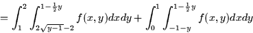 \begin{displaymath}
= \int_1^2 \int_{2\sqrt{y - 1}-2}^{1-\frac{1}{2}y} f(x,y) dx dy +
\int_0^1 \int_{-1-y}^{1 - \frac{1}{2}y} f(x,y) dx dy \end{displaymath}