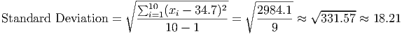                      ∘ ∑10------------2-  ∘ -------
Standard  Deviation =   --i=1(xi --34.7)-=    2984.1-≈ √331.57--≈ 18.21
                             10 - 1             9
